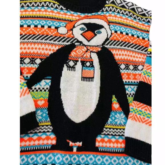 Blush Womens Penguin Fair Isle Christmas Sweater Comfy Striped Multicolor M/L - Picture 3 of 6
